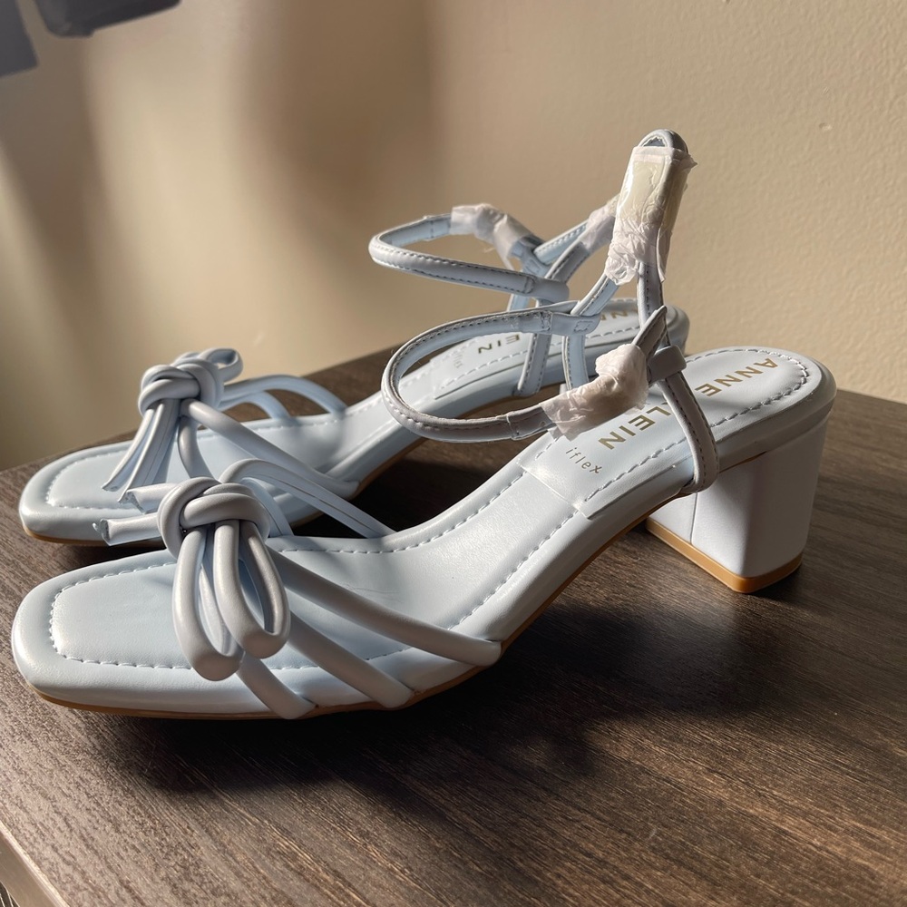 Anne Klein Pale Blue Knotted Strap Block Heel Sandals
